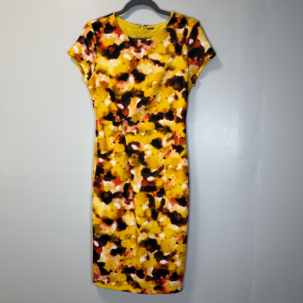 Tahari Women‎ Yellow Abstract Watercolor Twist Front Sheath Dress Size Small